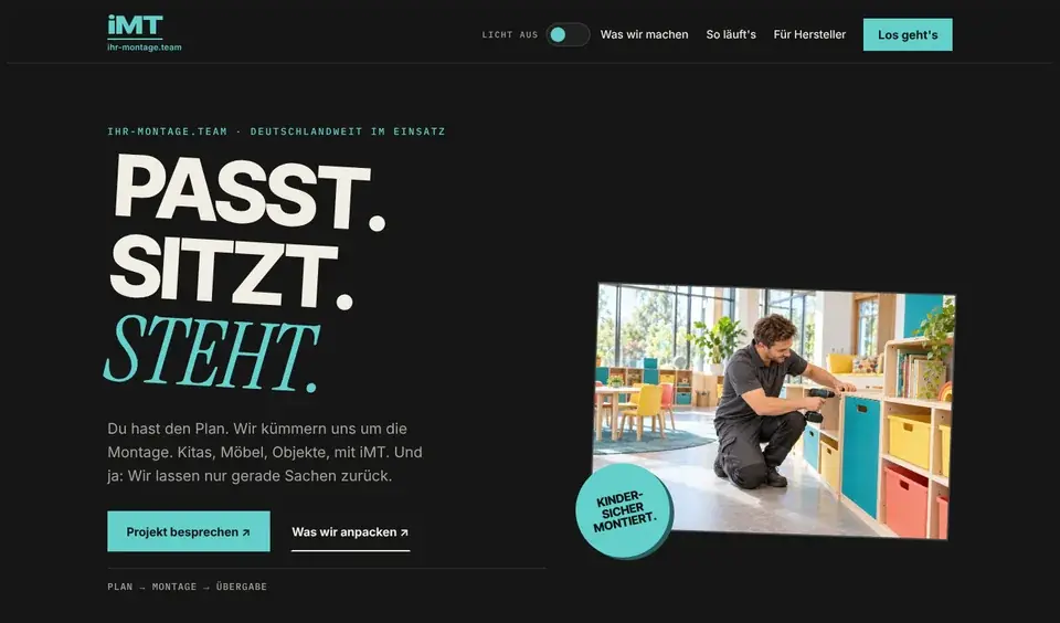 Startseite von iMT: Passt. Sitzt. Steht.